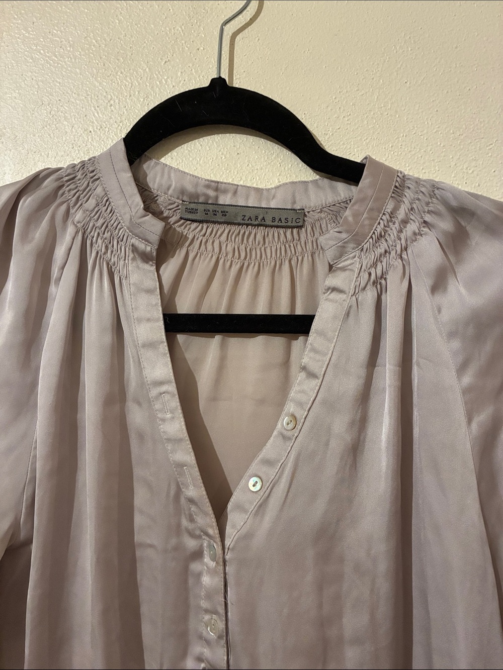 Zara Light Blush Smocked-Neck Button Front Blouse
